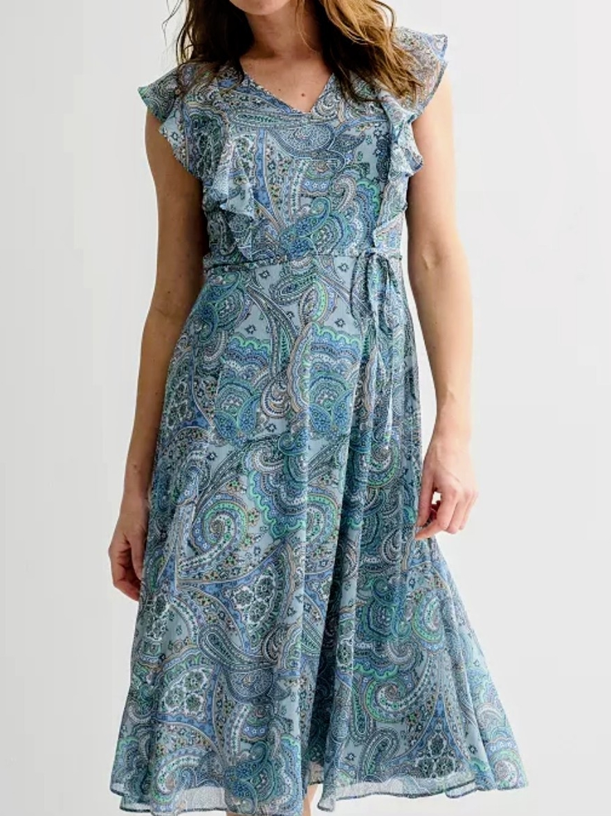 Nwot Harper Rose Women's V-Neck Sleeveless Ruffle, Paisley Midi Dress In Blue.